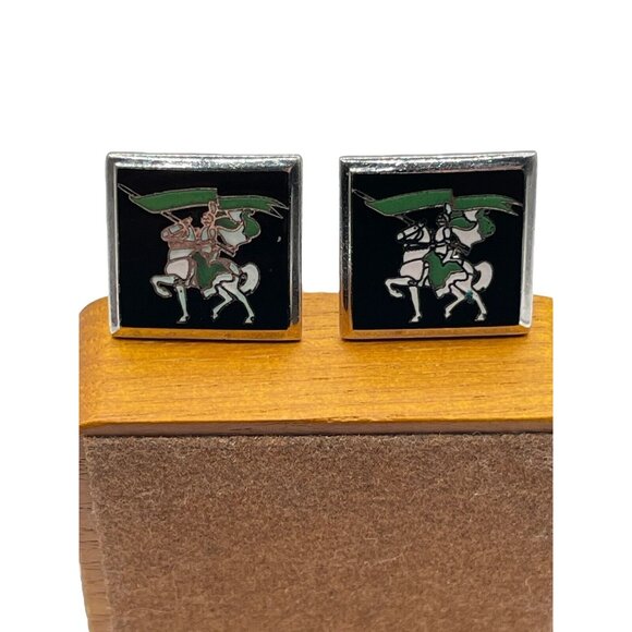 Other - VTG Cufflinks Knight on White horse with Green flag in Silver tone Hallmarked